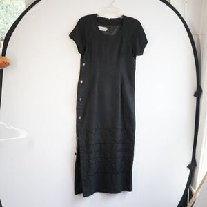 Vintage Howard Wolf Black Linen‎ Sheath Dress Side Button Embroidered Midi 90s